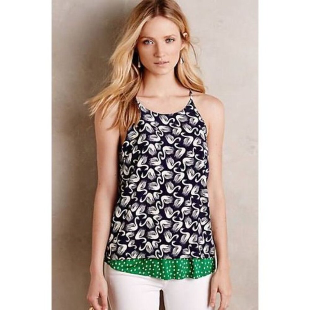 Porridge Anthropologie Layered Swing Top | Navy + White Swan Print | Green Tee